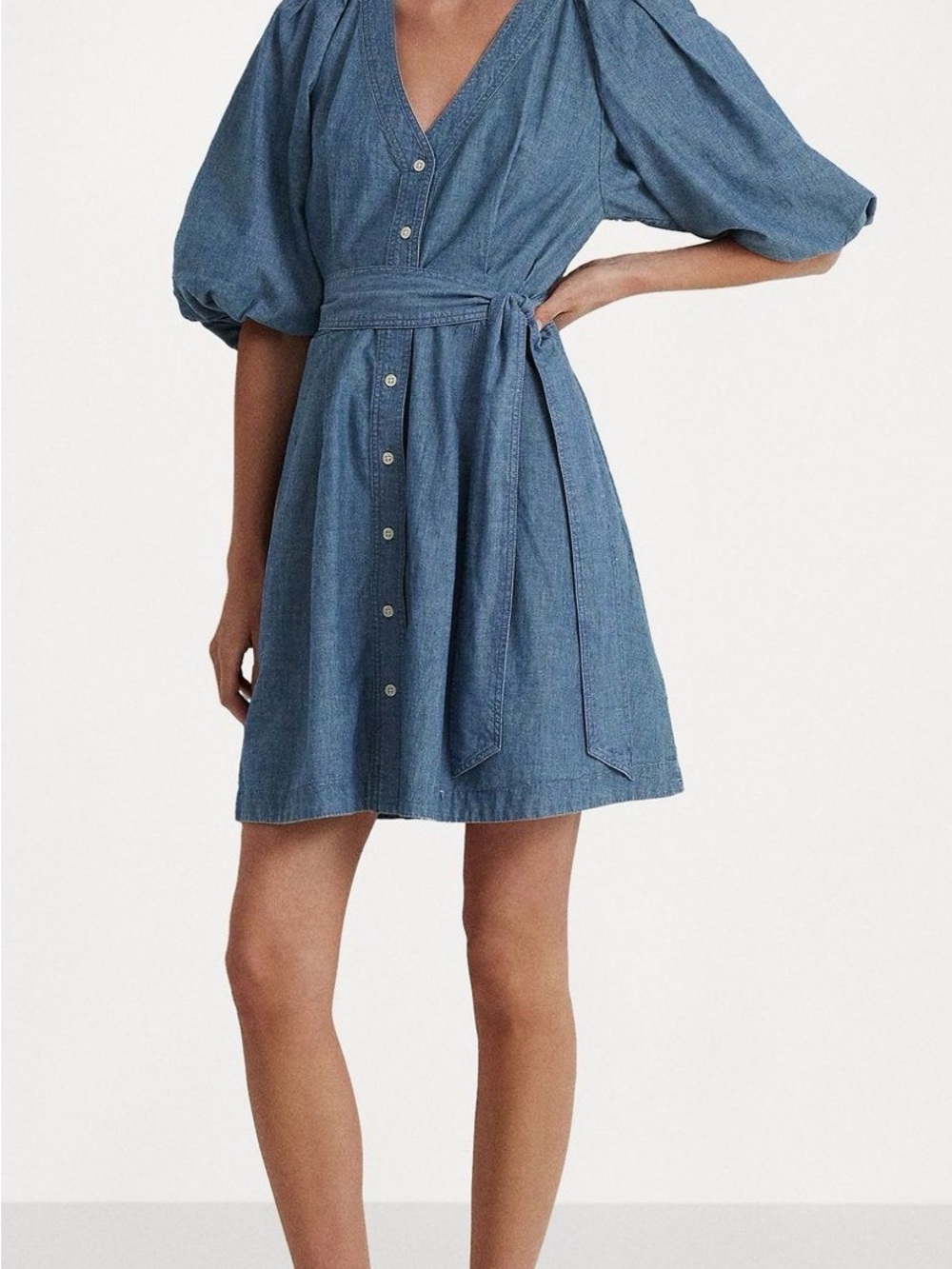 Lauren by Ralph Lauren Blue Denim Button-Front Mini Dress with Tie Waist